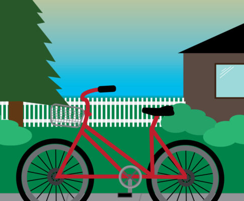 Illustrator design featuring a red bike on a sidewalk passing by a house with a white picket fence, a backyard, a tree with bushes, and a sun set background.