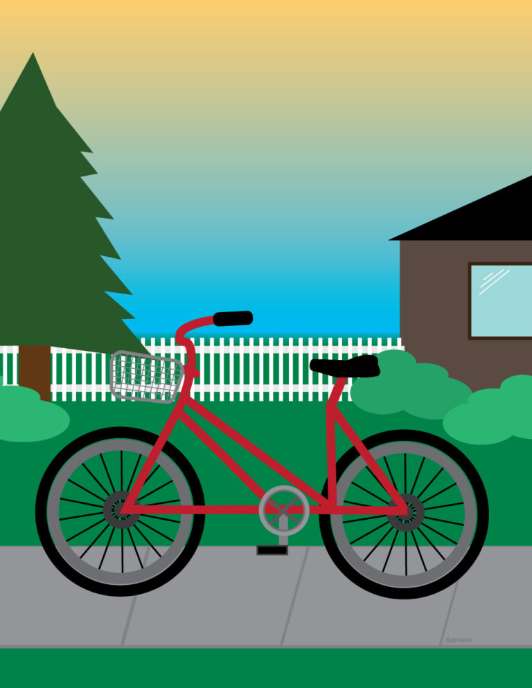 Illustrator design featuring a red bike on a sidewalk passing by a house with a white picket fence, a backyard, a tree with bushes, and a sun set background.