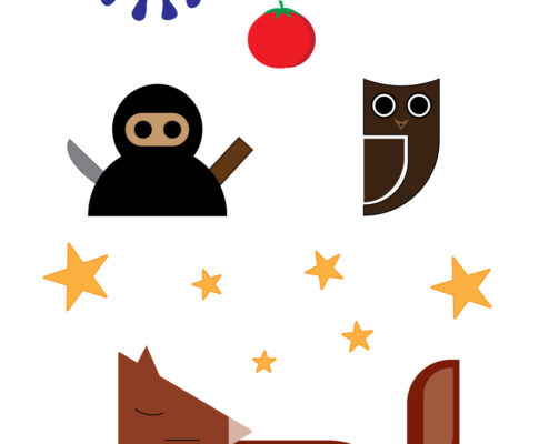 A collection of beginner practice images created in Illustrator using basic shapes. The images include a fox laying in grass with stars above, an owl, a ninja, a tomato, an octopus/alien, and a crown.
