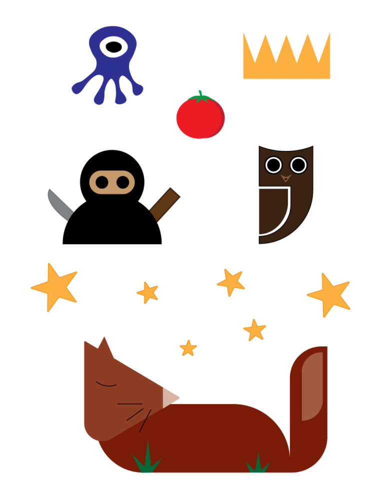 A collection of beginner practice images created in Illustrator using basic shapes. The images include a fox laying in grass with stars above, an owl, a ninja, a tomato, an octopus/alien, and a crown.