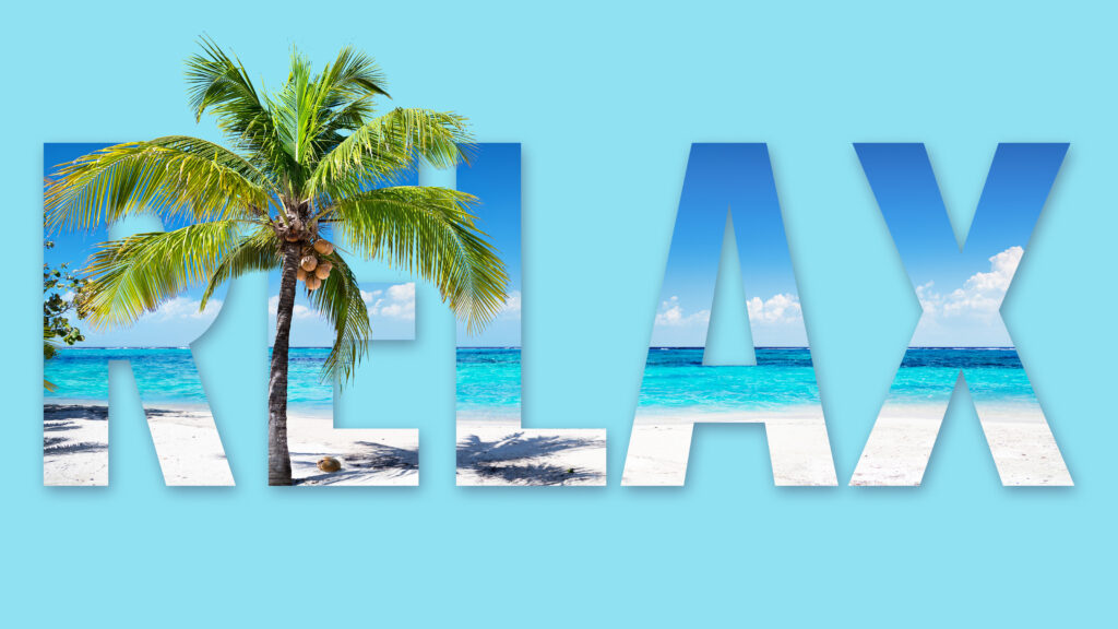 The word 'Relax' in bold font on a blue background, with a beach scene integrated into the letters. A palm tree pops out of the 'E,' partially overlapping the 'R' and 'L,' adding a tropical touch.